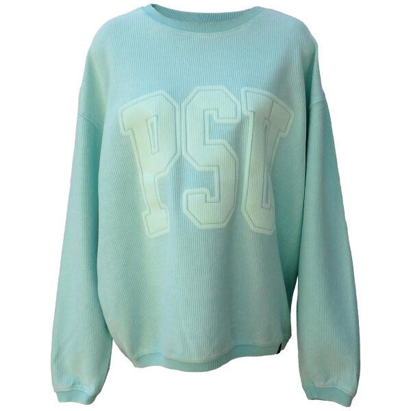 light green mint women's corded crew with large PSU varsity puff graphic